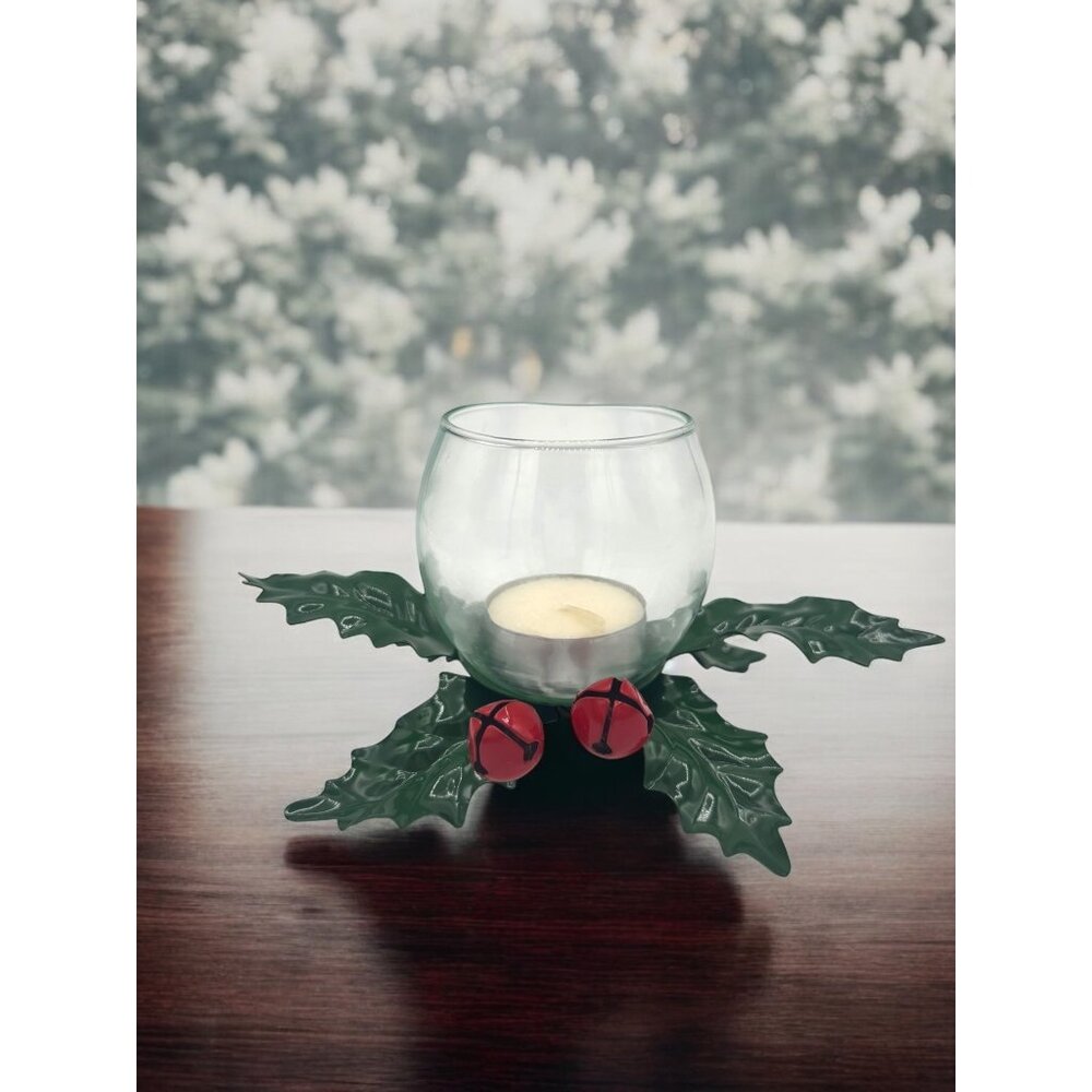 Vintage Dept 56 Holly Bell Votive Candle Holder Metal and Glass